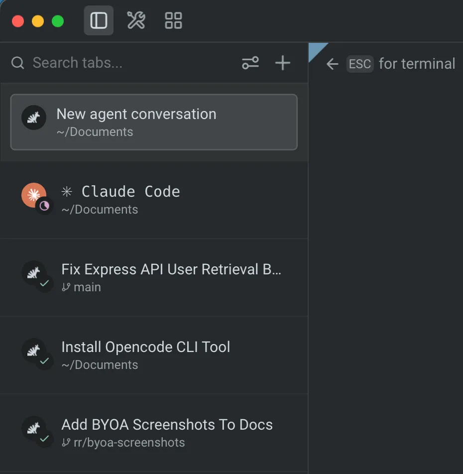 Vertical tabs sidebar in compact mode with each pane row showing an icon, title, and a short subtitle below